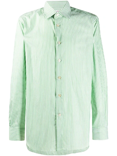Kiton Man White And Green Striped Popeline Shirt