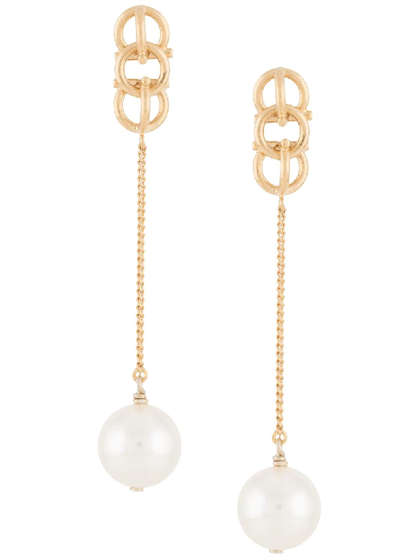 Salvatore Ferragamo Gancini Chain Drop Earrings With Pearl In Gold ...