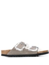 Birkenstock Arizona Soft Footbed Suede Leather Shearling Stone Coin Grey Narrow Fitting Sandals In Gray/brown