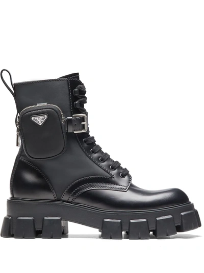Prada Leather Combat Boots In Black