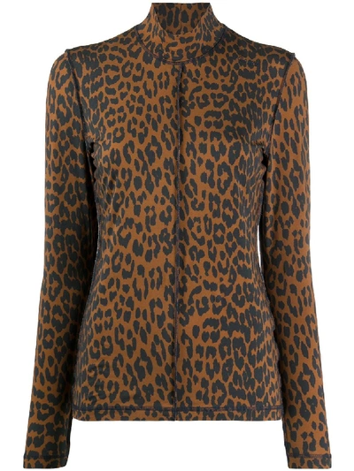 Ganni Leopard-print Stretch-cotton Sweater In Brown
