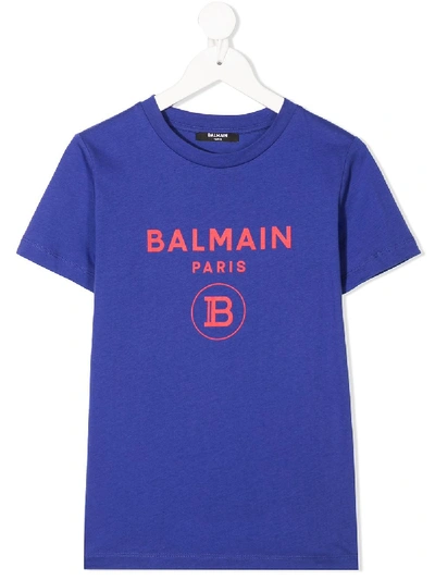 Balmain Kids' Logo印花圆领t恤 In Blue