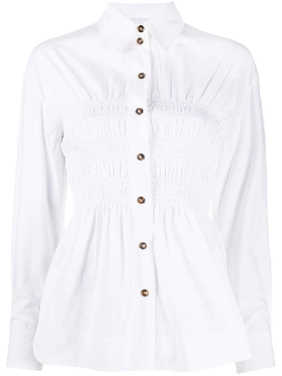 Ganni Shirred-bodice Long-sleeve Shirt In White
