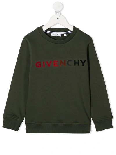 Givenchy Kids' Velvet Logo Cotton Blend Sweatshirt In Green