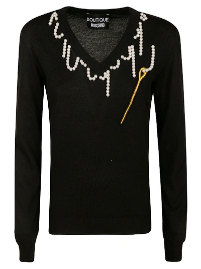 Moschino Pearl Collar Embellished Jumper In Black