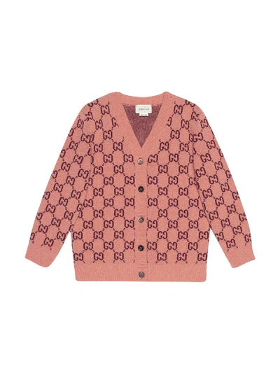 Gucci Kids' Felted Wool Jacquard Knit Cardigan In Rosa