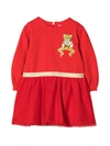 MOSCHINO RED DRESS WITH LOGO AND TOY EMBROIDERY,11451514