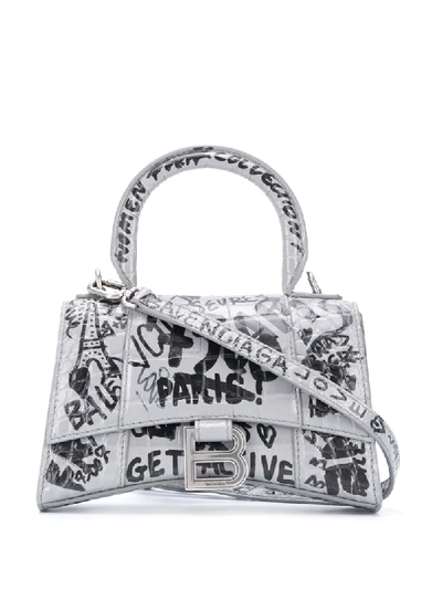 Balenciaga Xs Hourglass Top Handle Bag With Graffiti Pattern In White