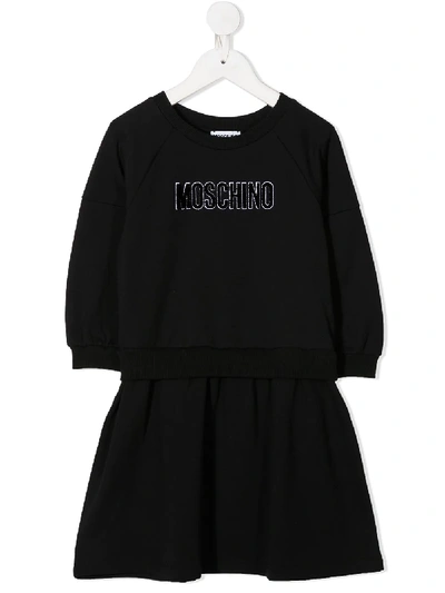 Moschino Kids' Logo Print Long Sleeve Dress In Black