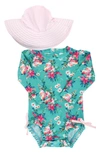 Rufflebutts Fancy Me Floral Print Rash Guard W/ Swim Hat In Blue