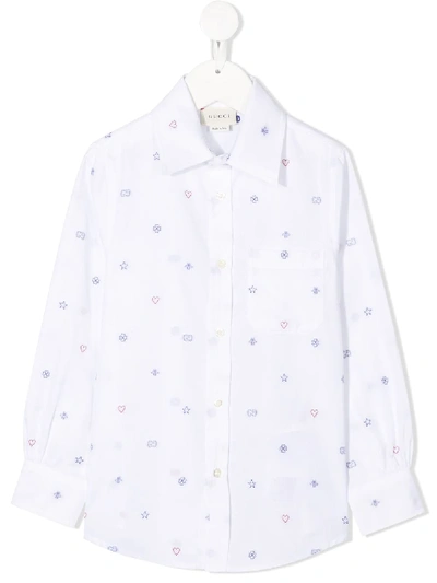 Gucci Kids' Symbols Embroidered Oxford Cotton Shirt In White