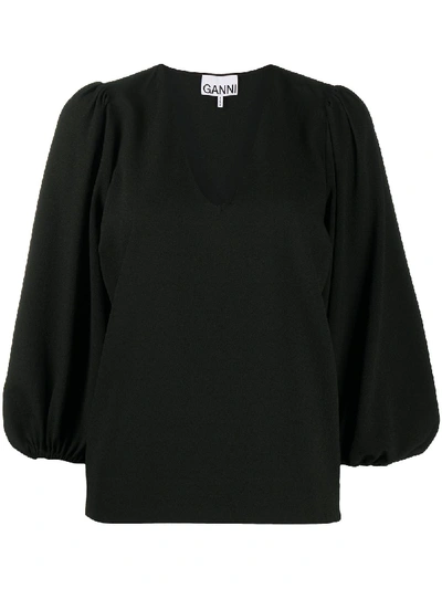 Ganni Puff-sleeve Blouse In Black