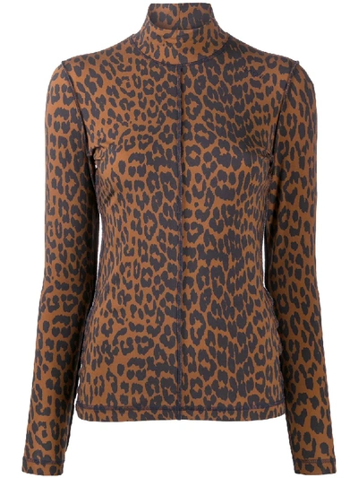 Ganni Leopard Print Reverse Seam Mock Neck Top In Brown
