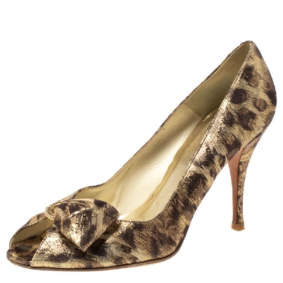 Pre-owned Stuart Weitzman Metallic Lamé Fabric Leopard Print Bow Peep Toe Pumps Size 39.5