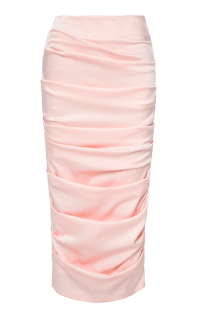 Alex Perry Regan Ruched Satin Pencil Skirt In Pink