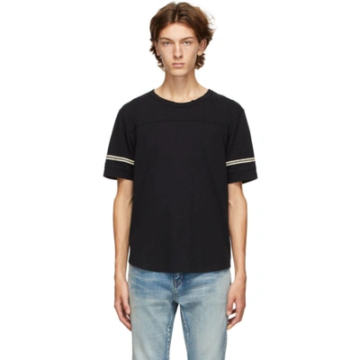 Saint Laurent Stripe Distressed Logo Graphic Cotton Tee In Black