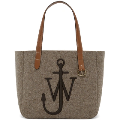 Jw Anderson Belt Medium Embroidered Leather-trimmed Felt Tote In Taupe