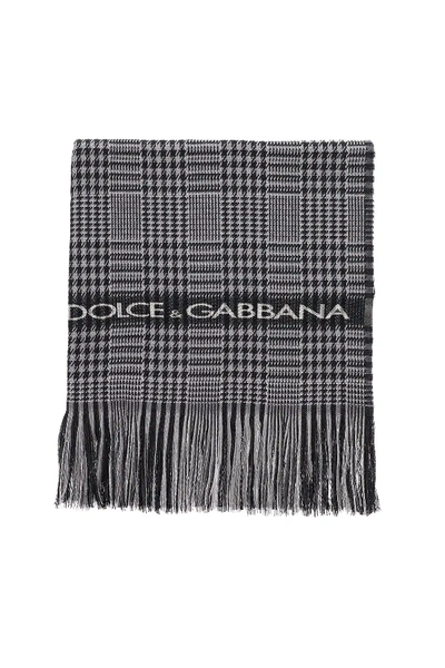 Dolce & Gabbana Prince Of Wales Scarf With Logo In Black,white,grey