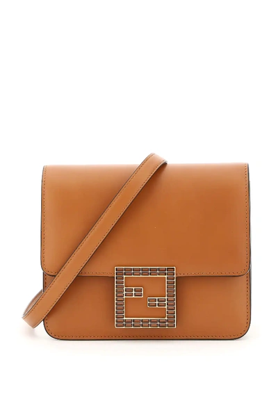 Fendi Fab Leather Mini Crossbody Bag In Brown,orange