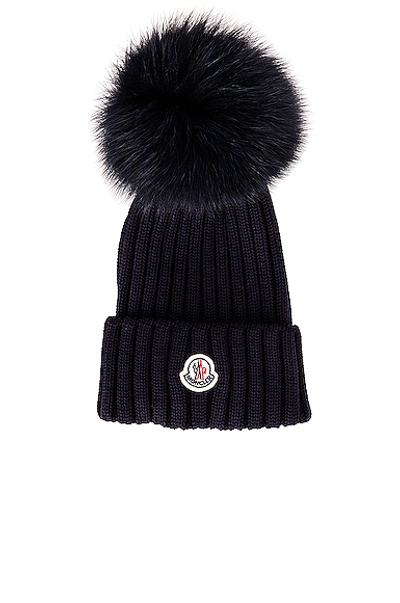 Moncler Rib Virgin Wool Beanie With Genuine Fox Fur Pom In Navy