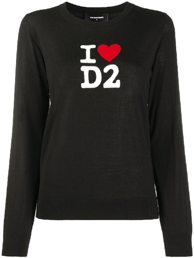 Dsquared2 I Love D2 Intarsia Knit Wool Sweater In Black