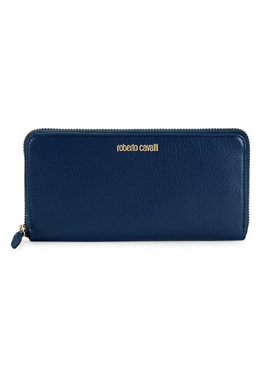 Roberto Cavalli Leather Zip Wallet In Blue