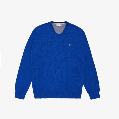 Lacoste Men's V-neck Cotton Sweater - Xl - 6 In Blue