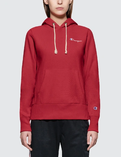 Champion Small Script Logo Hoodie In Red