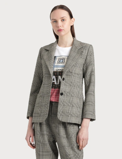 Ganni Prince Of Wales Checked Woven Blazer In Grey