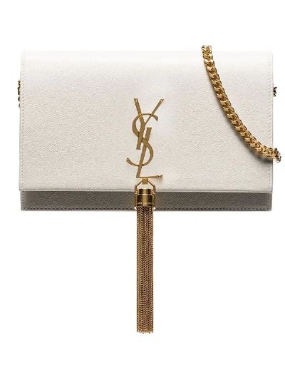 Saint Laurent Cream Kate Tasselled Leather Hanging Wallet In Weiss
