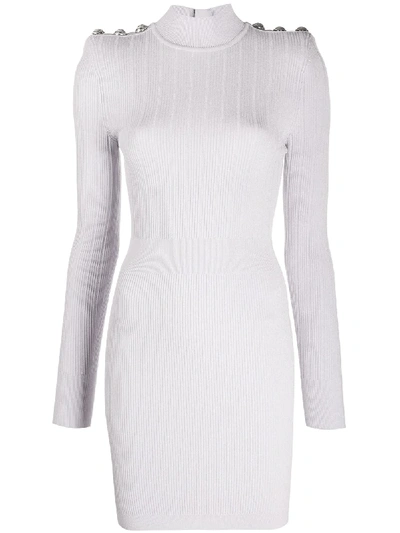 Balmain Embossed-buttons Ribbed-knit Dress In Purple