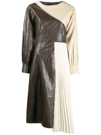 Andersson Bell Faux Leather Pleats Combo Dress In Brown