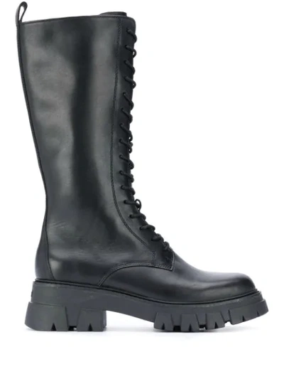 Ash Lullaby Studded Leather Tall Combat Boots In Black