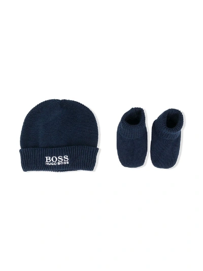 Hugo Boss Babies' Knitted Beanie Hat And Pre-walkers In Blue