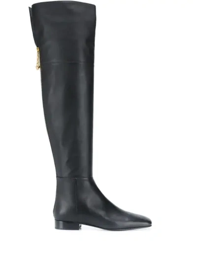 Versace Safety Pin Flat Leather Boots In Black