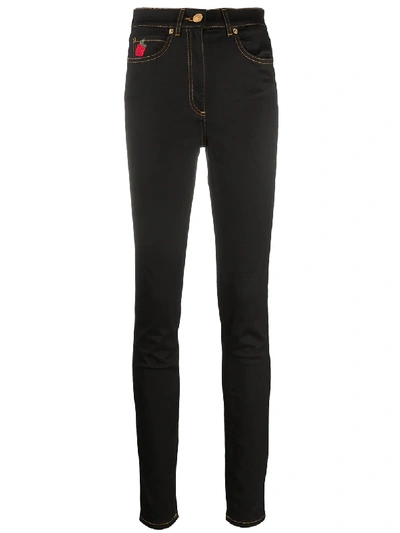 Versace Roses Embroidered Cotton Denim Jeans In Black