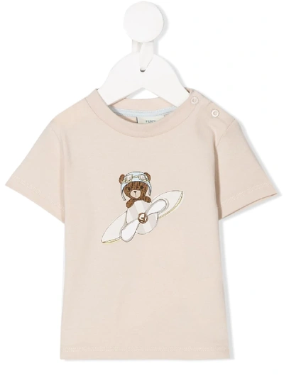 Fendi Babies' Flying Bear Print T-shirt In Neutrals