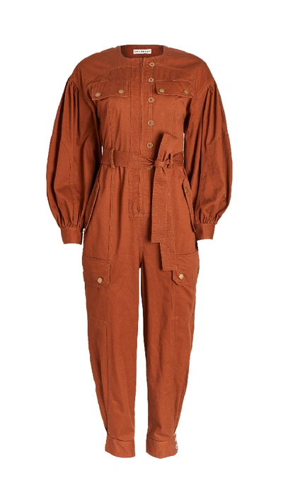 Ulla Johnson Stearling Belted Button-embellished Denim Jumpsuit In Tan