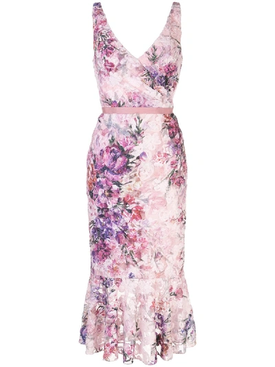 Marchesa Notte Floral Print Lace Dress In Pink