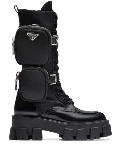 Prada Monolith Pouch-pocket Boots In Black