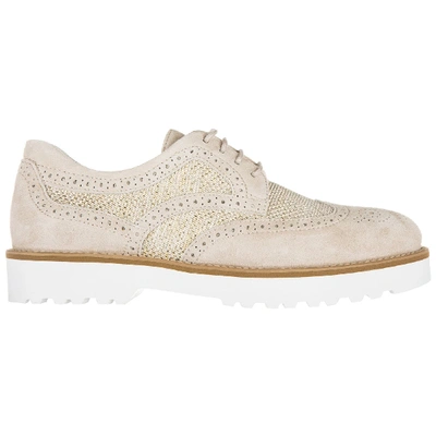 Hogan Women's Classic Suede Lace Up Laced Formal Shoes Derby H259 In Beige