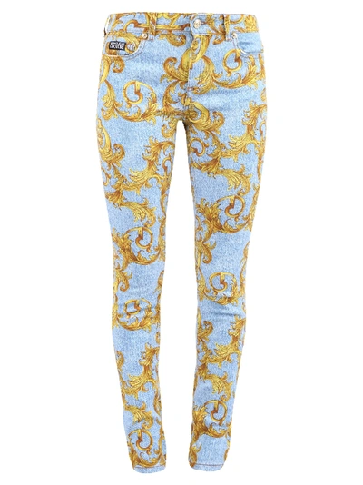Versace Jeans Couture Printed Cotton Denim Skinny Jeans In Lightblue,gold