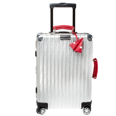 Pre-owned Fendi X Rimowa Zucca Ff Logo Aluminum Rolling Suitcase In Silver