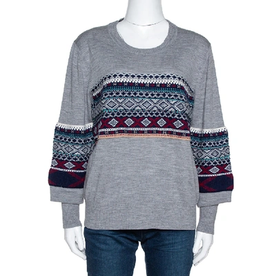 Pre-owned Burberry Grey Melange Wool Fair Isle Panelled Sweater M