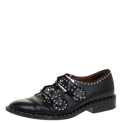 Pre-owned Givenchy Black Leather Studded Double Monk Flats Size 36