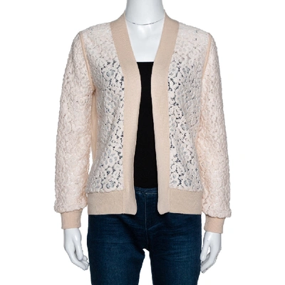 Pre-owned Chloé Chlo&eacute; Peach Cashmere Wool Guipure Lace Detail Open Cardigan M In Pink