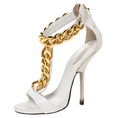 Pre-owned Giuseppe Zanotti White Textured Leather And Suede Chain Embellished T-strap Sandals Size 37