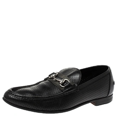 Pre-owned Gucci Black Perforated Leather Horsebit Slip On Loafers Size 45