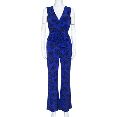 Pre-owned Diane Von Furstenberg Royal Blue Printed Silk Sleeveless Jumpsuit S