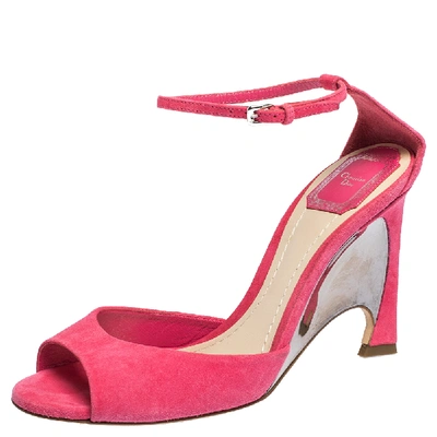 Pre-owned Dior Pink Suede Leather Optique Wedge Ankle Strap Sandals Size 39